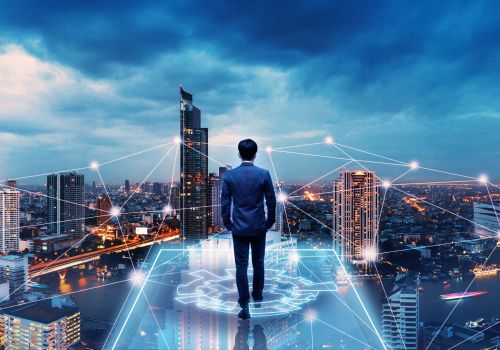 Business man on future network city