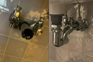 Confronto prima e dopo la sostituzione del tubo di scarico e del miscelatore di un lavabo domestico